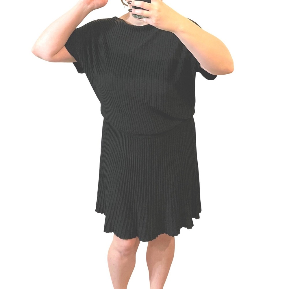 Maeve‎ Anthropologie Black Ribbed Knit Accordian Dress Short Sleeve XL
